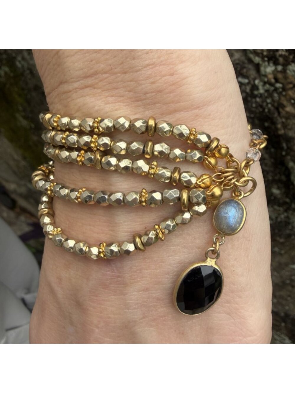Rachel Reinhardt Multi-Strand Gold Bracelet Labradorite & Faceted Onyx Celestial - Picture 8 of 14
